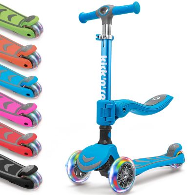 Kicknroll Kids Kick Scooter 2-in-1 Light Up 3 Wheel Scooters with 4 Levels Adjustable Handlebar, Foldable Seat, Widen No-Slip Deck for Girls & Boys Ages 3-8 Years Old