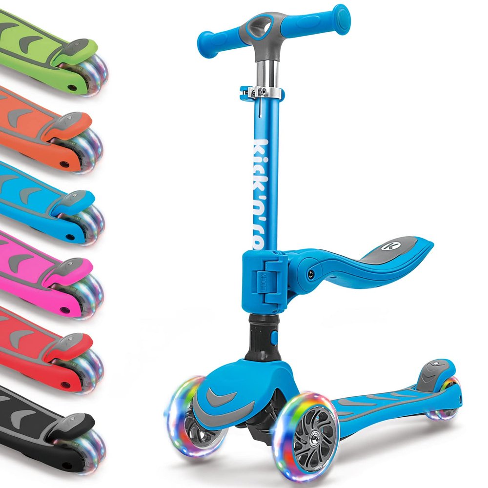 Kicknroll Kids Kick Scooter 2-in-1 Light Up 3 Wheel Scooters with 4 Levels Adjustable Handlebar, Foldable Seat, Widen No-Slip Deck for Girls & Boys Ages 3-8 Years Old