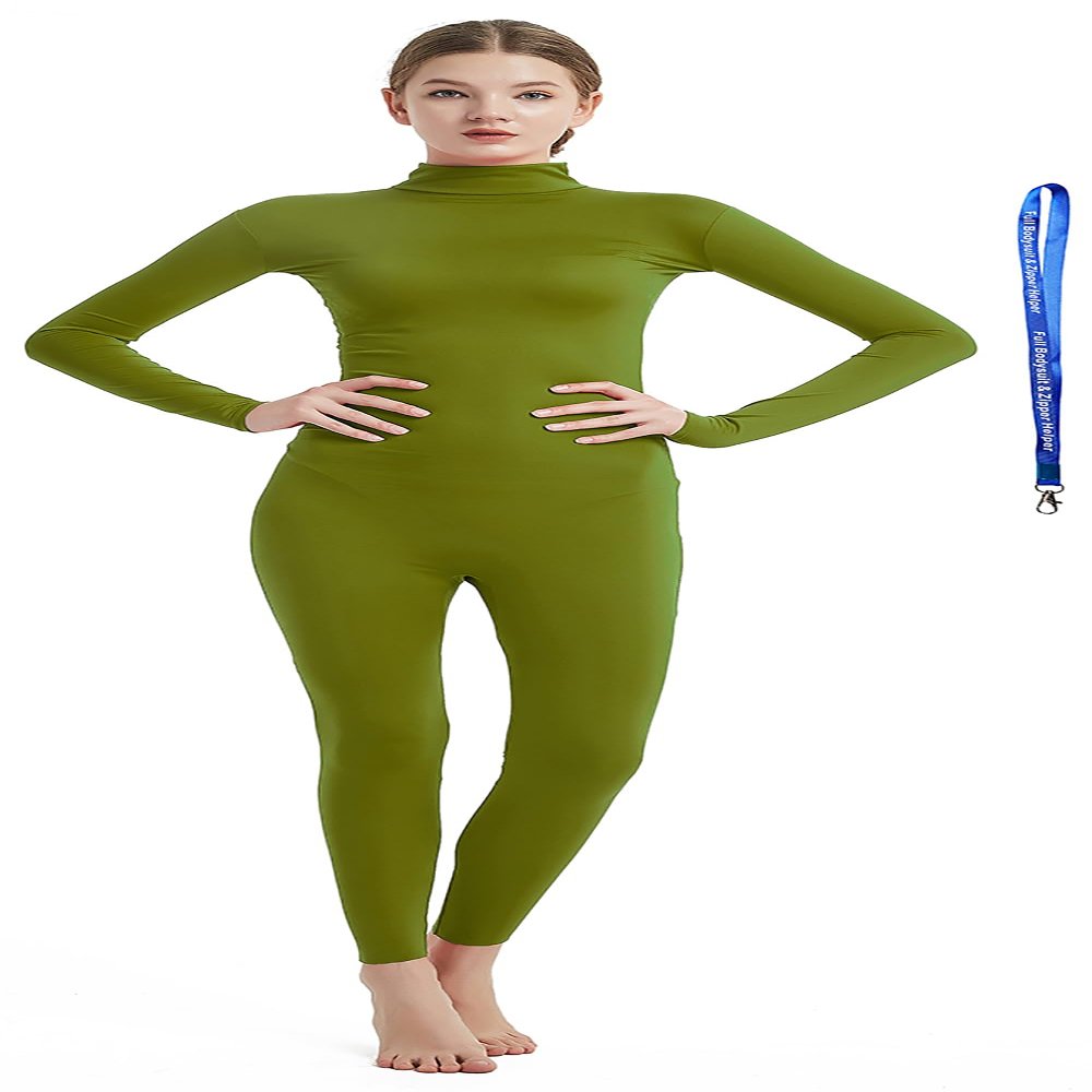 Full Bodysuit With Zipper Helper Womens Costume Without Hood and Gloves Socks Spandex Zentai Unitard (Medium, Olive Green)