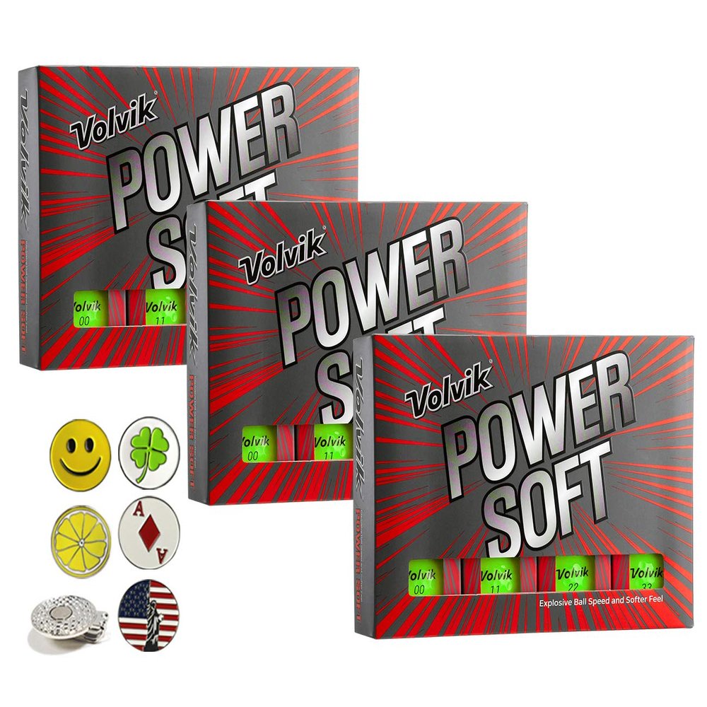 Volvik Power Soft Explosive Ball Speed Golf Balls 3 Dozen (Green Color 36 Balls) Bundle with 5 Ball Markers and 1 Magnet Hat Clip
