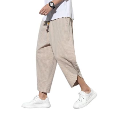 DOSLAVIDA Men's Casual Elastic Waist Linen Capri Pants Wide Leg Baggy Cotton Harem Yoga Trousers Loose Patchwork Shorts