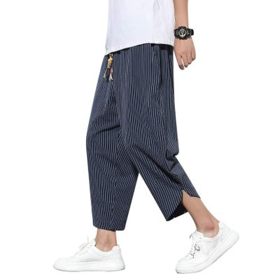 DOSLAVIDA Men's Casual Elastic Waist Linen Capri Pants Wide Leg Baggy Cotton Harem Yoga Trousers Loose Patchwork Shorts