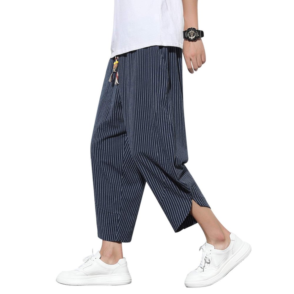 DOSLAVIDA Men's Casual Elastic Waist Linen Capri Pants Wide Leg Baggy Cotton Harem Yoga Trousers Loose Patchwork Shorts