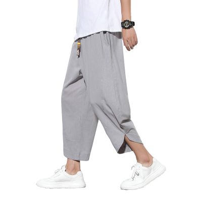 DOSLAVIDA Men's Casual Elastic Waist Linen Capri Pants Wide Leg Baggy Cotton Harem Yoga Trousers Loose Patchwork Shorts