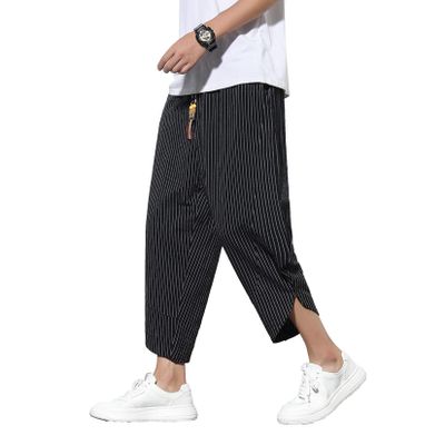 DOSLAVIDA Men's Casual Elastic Waist Linen Capri Pants Wide Leg Baggy Cotton Harem Yoga Trousers Loose Patchwork Shorts