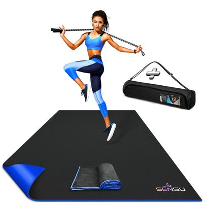 Sensu Large Exercise Mat  7' x 5' x 8.5mm Extra Thick  Durable and Shoe-Friendly Workout Mat for Home Gym  Non-Slip Fitness Mat for Strength Training, Stretching, Cardio, and Balance Exercises