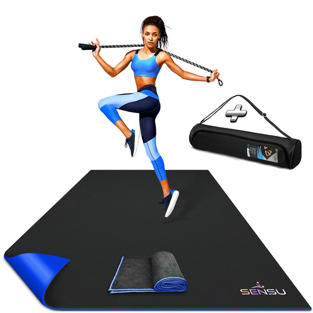Sensu Large Exercise Mat  7' x 5' x 8.5mm Extra Thick  Durable and Shoe-Friendly Workout Mat for Home Gym  Non-Slip Fitness Mat for Strength Training, Stretching, Cardio, and Balance Exercises