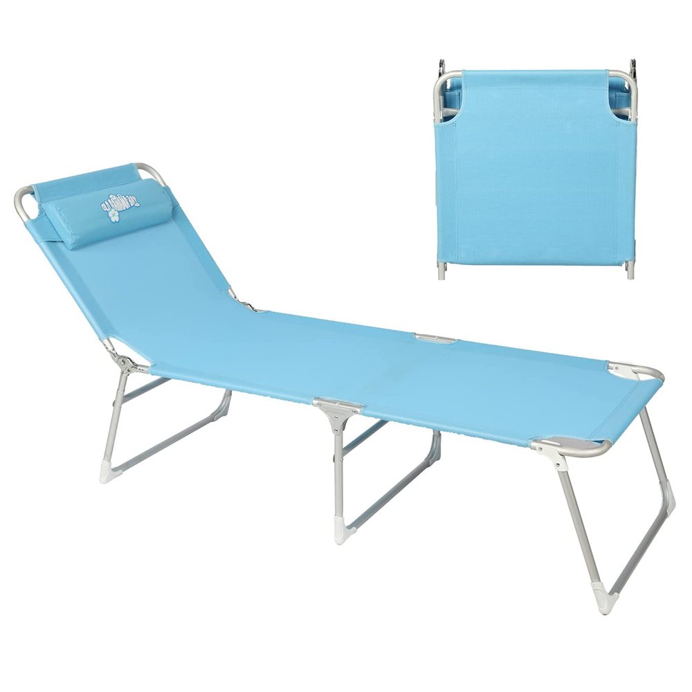Old Bahama Bay Folding Camping Beach Cot with Pillow,4-Positions Folding Recliner Lounger Bed for Camping/Travel/Beach/Hiking/Patio,Supports 250LBS, Blue