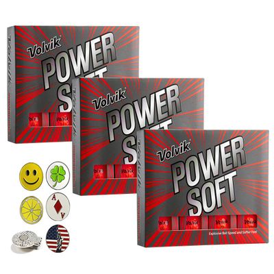 Volvik Power Soft Explosive Ball Speed Golf Balls 3 Dozen (Red Color 36 Balls) Bundle with 5 Ball Markers and 1 Magnet Hat Clip