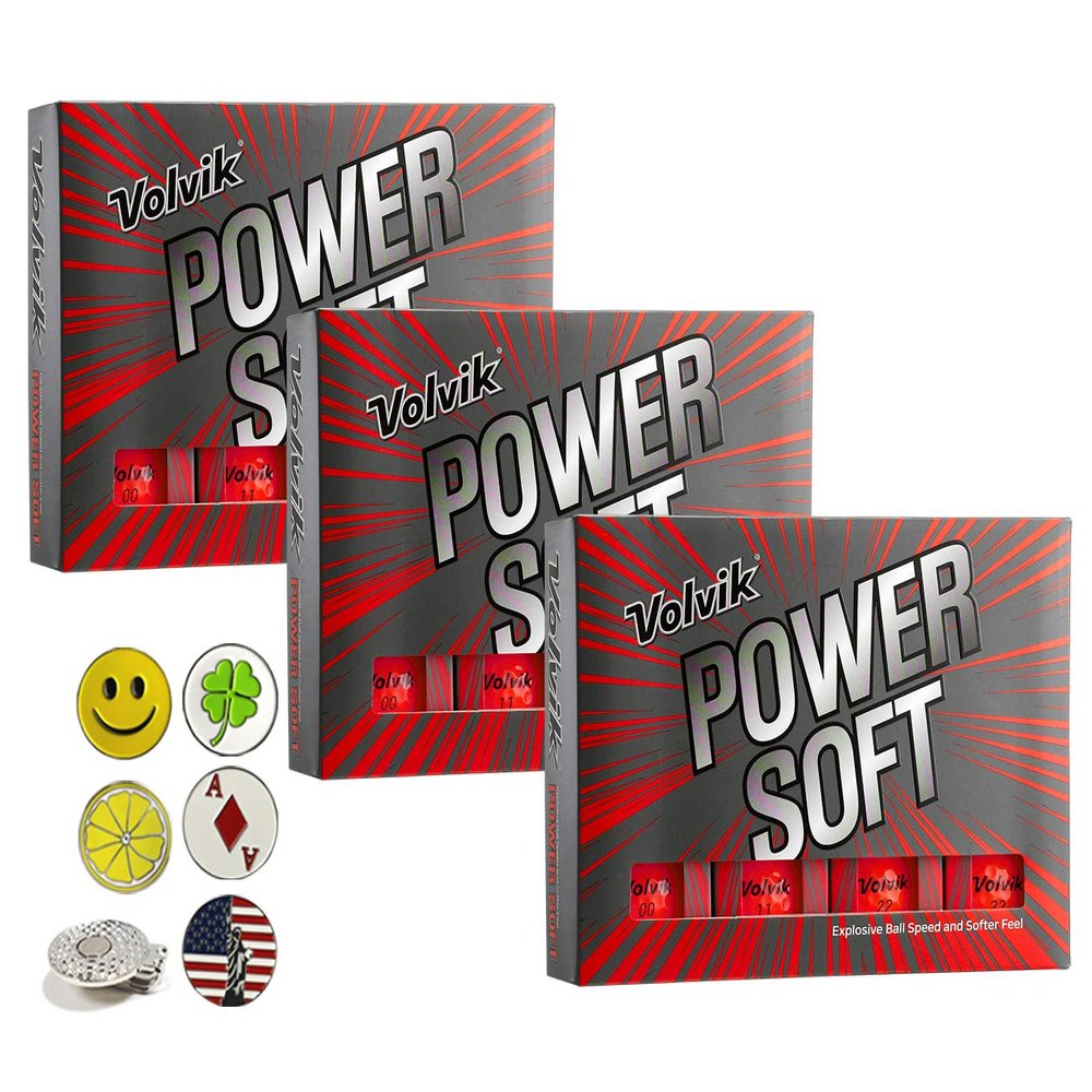 Volvik Power Soft Explosive Ball Speed Golf Balls 3 Dozen (Red Color 36 Balls) Bundle with 5 Ball Markers and 1 Magnet Hat Clip