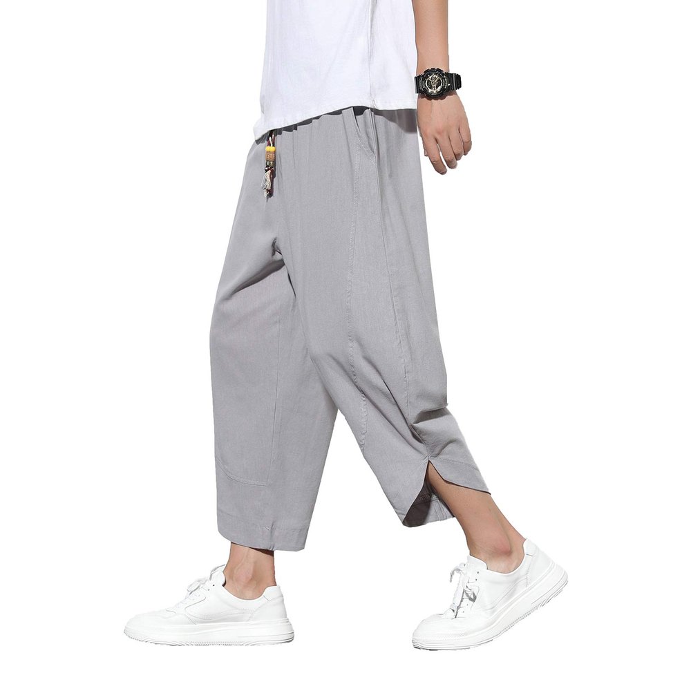 DOSLAVIDA Men's Casual Elastic Waist Linen Capri Pants Wide Leg Baggy Cotton Harem Yoga Trousers Loose Patchwork Shorts