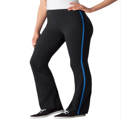 Woman Within Plus Size Tall Stretch-Cotton Knit Pull-On Bootcut Side-Stripe Leggings - 5X, Black Bright Cobalt
