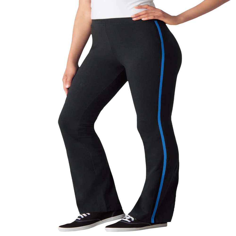 Woman Within Plus Size Tall Stretch-Cotton Knit Pull-On Bootcut Side-Stripe Leggings - 5X, Black Bright Cobalt