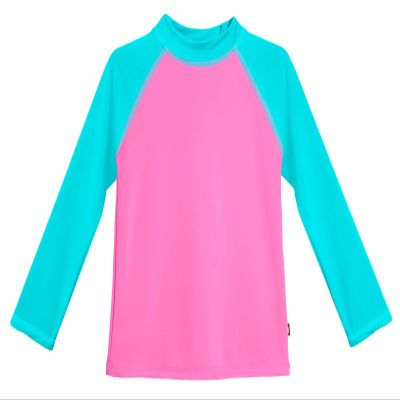 Made in USA Long Sleeve Girls' Rashguard Swimming Suit Swim Tshirt Tee UPF50+ Sun Protection for Beach Pool Summer Fun, Medium Pink w/Turquoise, 4