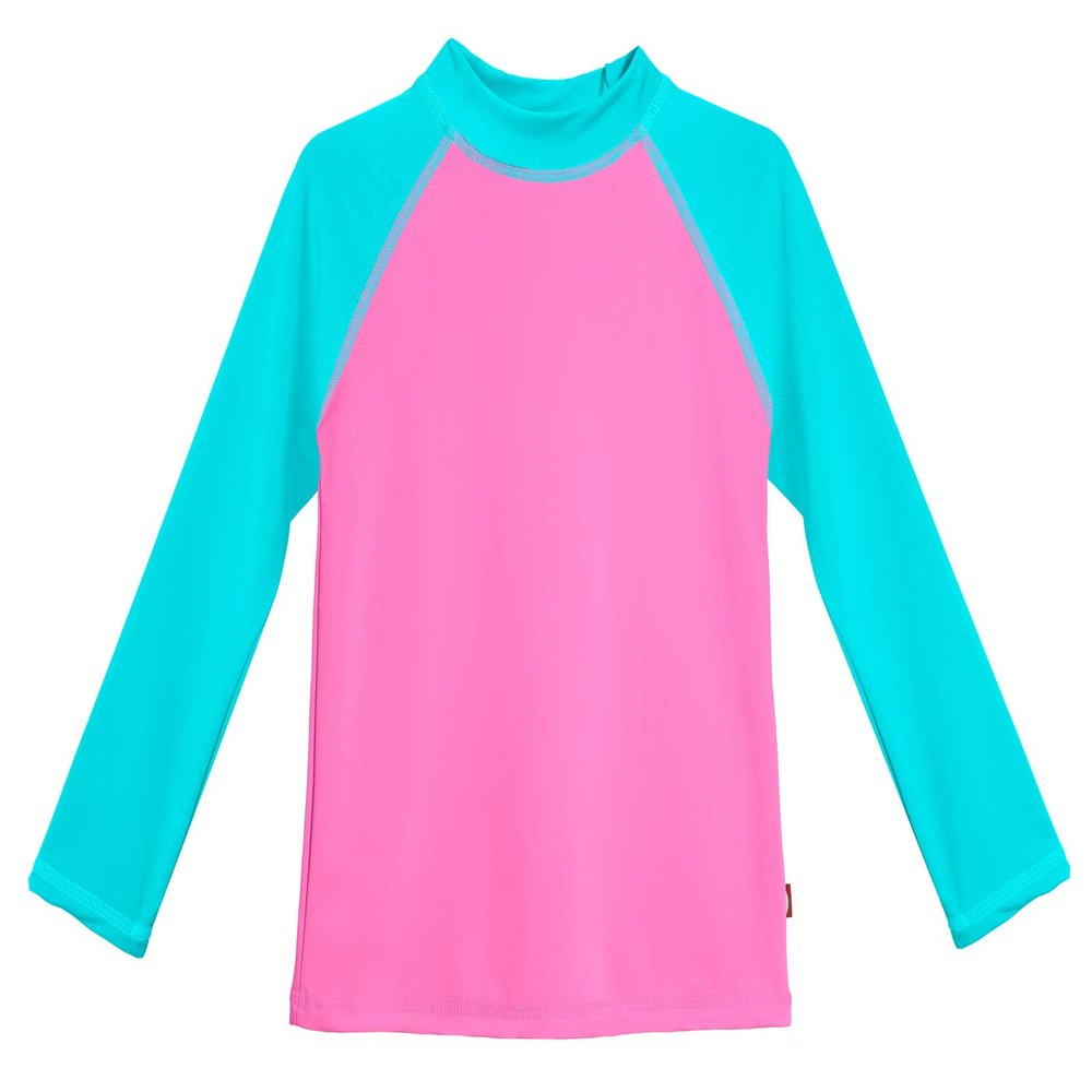Made in USA Long Sleeve Girls' Rashguard Swimming Suit Swim Tshirt Tee UPF50+ Sun Protection for Beach Pool Summer Fun, Medium Pink w/Turquoise, 4
