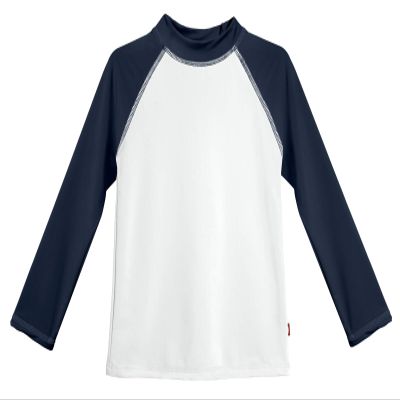 Made in USA Long Sleeve Girls' Rashguard Swimming Suit Swim Tshirt Tee UPF50+ Sun Protection for Beach Pool Summer Fun, White w/Navy, 6/9m