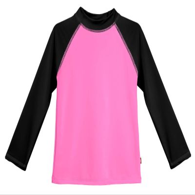 Made in USA Long Sleeve Girls' Rashguard Swimming Suit Swim Tshirt Tee UPF50+ Sun Protection for Beach Pool Summer Fun, Medium Pink w/Black, 6/9m