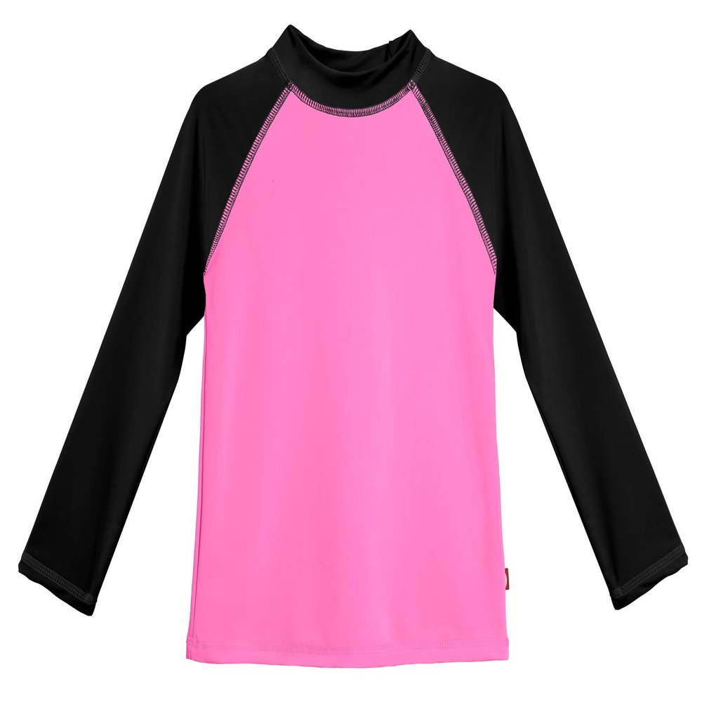 Made in USA Long Sleeve Girls' Rashguard Swimming Suit Swim Tshirt Tee UPF50+ Sun Protection for Beach Pool Summer Fun, Medium Pink w/Black, 6/9m