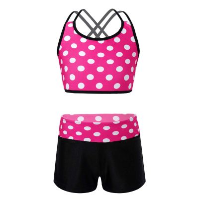 Huimingda Kids Girls Polka Dots Swimsuit Swimwear Tankini Crop Top with Shorts Swimming Dancing Gymnastic Outfit Rose_Red 12
