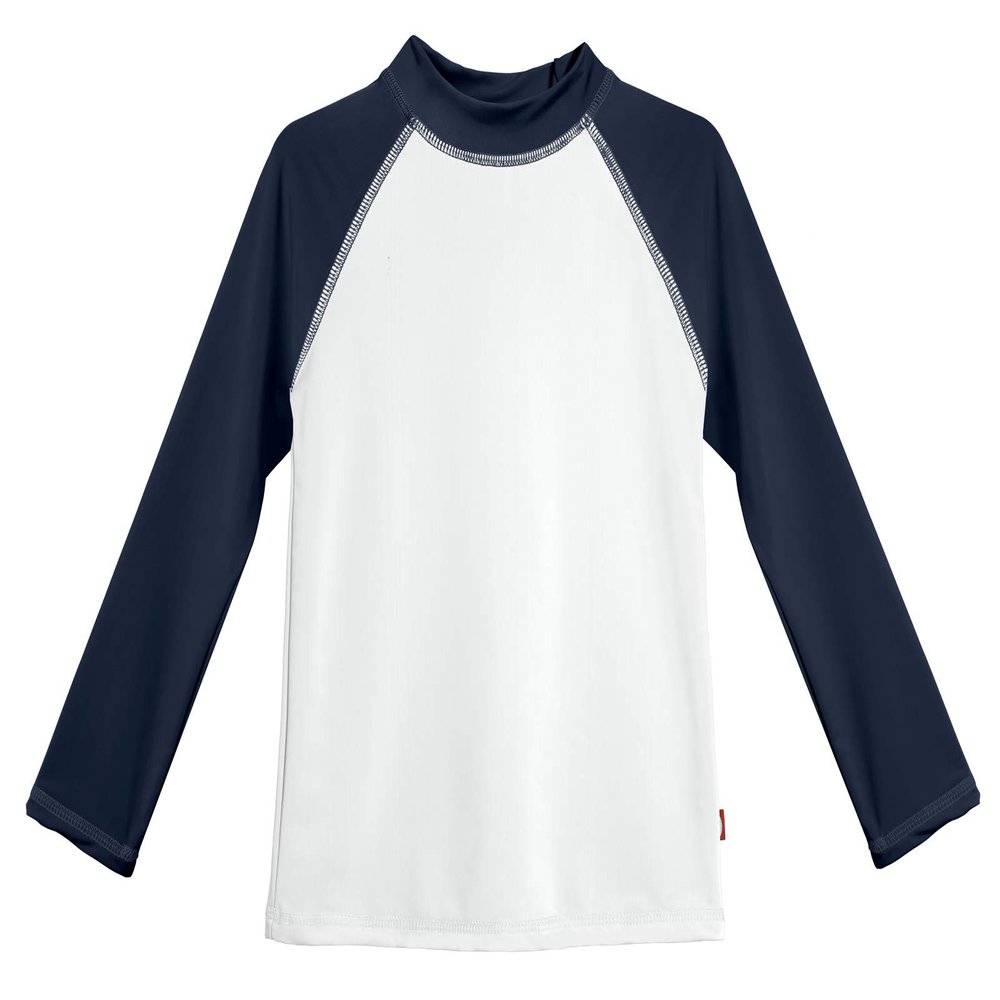 Made in USA Long Sleeve Girls' Rashguard Swimming Suit Swim Tshirt Tee UPF50+ Sun Protection for Beach Pool Summer Fun, White w/Navy, 7