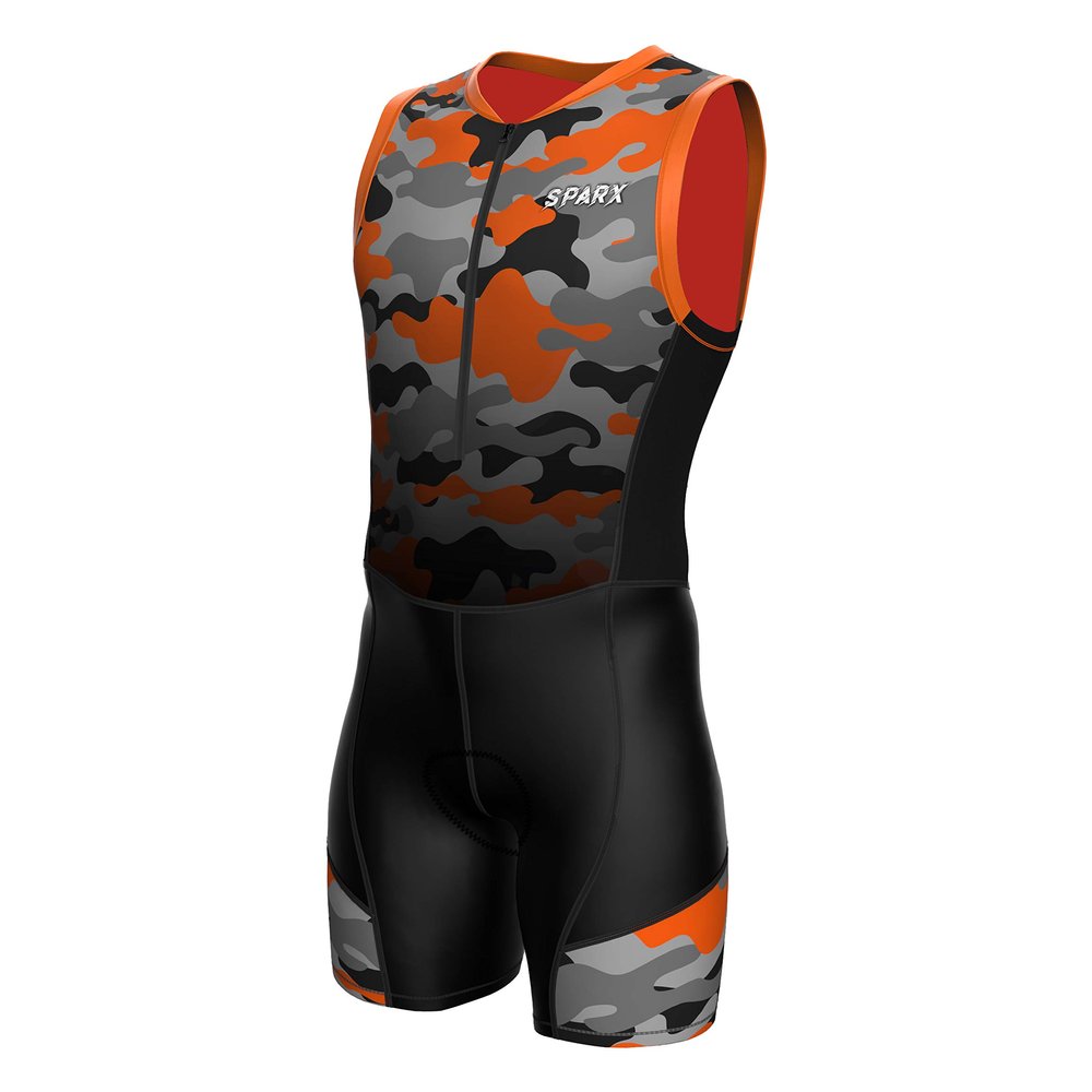 Sparx Men`s Triathlon Suit Trisuit Race Skinsuit Cycling Speed Suit Italian Fabric Swimskin (Orange_Camo_S)