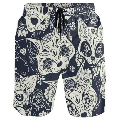 visesunny Men's Beach Short Swim Trunks Day of The Dead Sugar Cat Skull Sports Running Bathing Suits