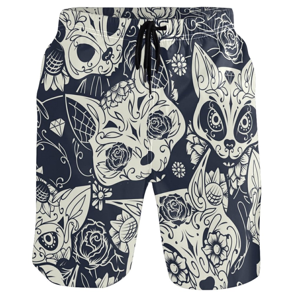 visesunny Men's Beach Short Swim Trunks Day of The Dead Sugar Cat Skull Sports Running Bathing Suits