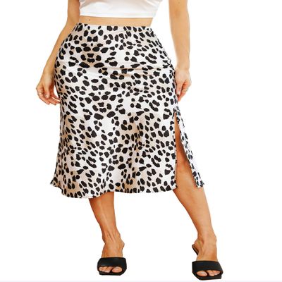 ALCEA ROSEA Womens Silky Satin Midi Skirt High Waist Elastic Waist A Line Flared Skirt with Slit(Leopard, 2XL)
