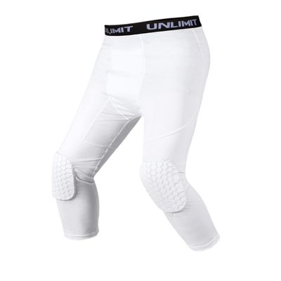 Unlimit for 4-16 yrs, Youth Basketball Pants with Knee Pads, 3/4 Capri Compression Pants for Boys. (White, XL: for 14-16 yrs)