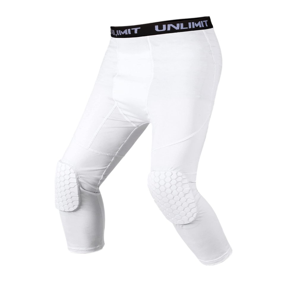 Unlimit for 4-16 yrs, Youth Basketball Pants with Knee Pads, 3/4 Capri Compression Pants for Boys. (White, M: for 8-10 yrs)