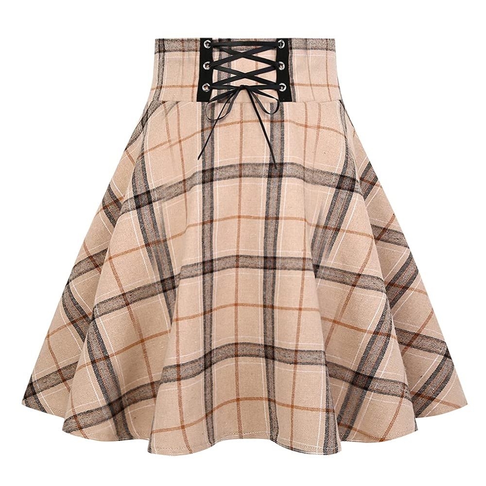 Khaki Skirt for Women 2025 Fall Winter Pleated Mini Plaid Skirt (Large, Plaid Khaki)