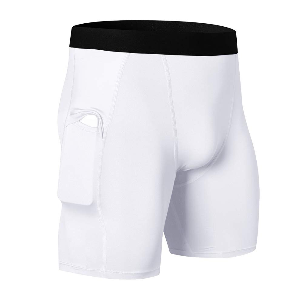 WRAGCFM Mens Workout Compression Shorts,Mens Athletic Compression Shorts with Pockets Running Spandex Underwear Cool Dry Active Baselayer Sports Gym Tights (White,M)