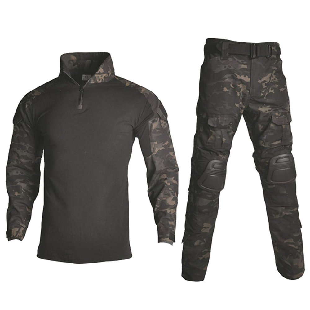 HARGLESMAN Mens Combat Airsoft BDU Uniform Sets Snug Fitting Quick Dry Military Tactical Shirt and Pants Practical Painball Shooting Hiking Fishing Hunting Safety Outdoor Clothing,Black Camo L