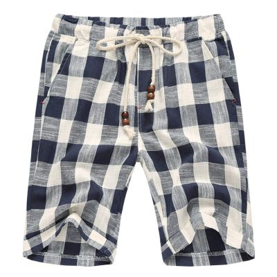 Flygo Men's Summer Casual Linen Drawstring Striped Beach Shorts (X-Small, Plaid Navy)
