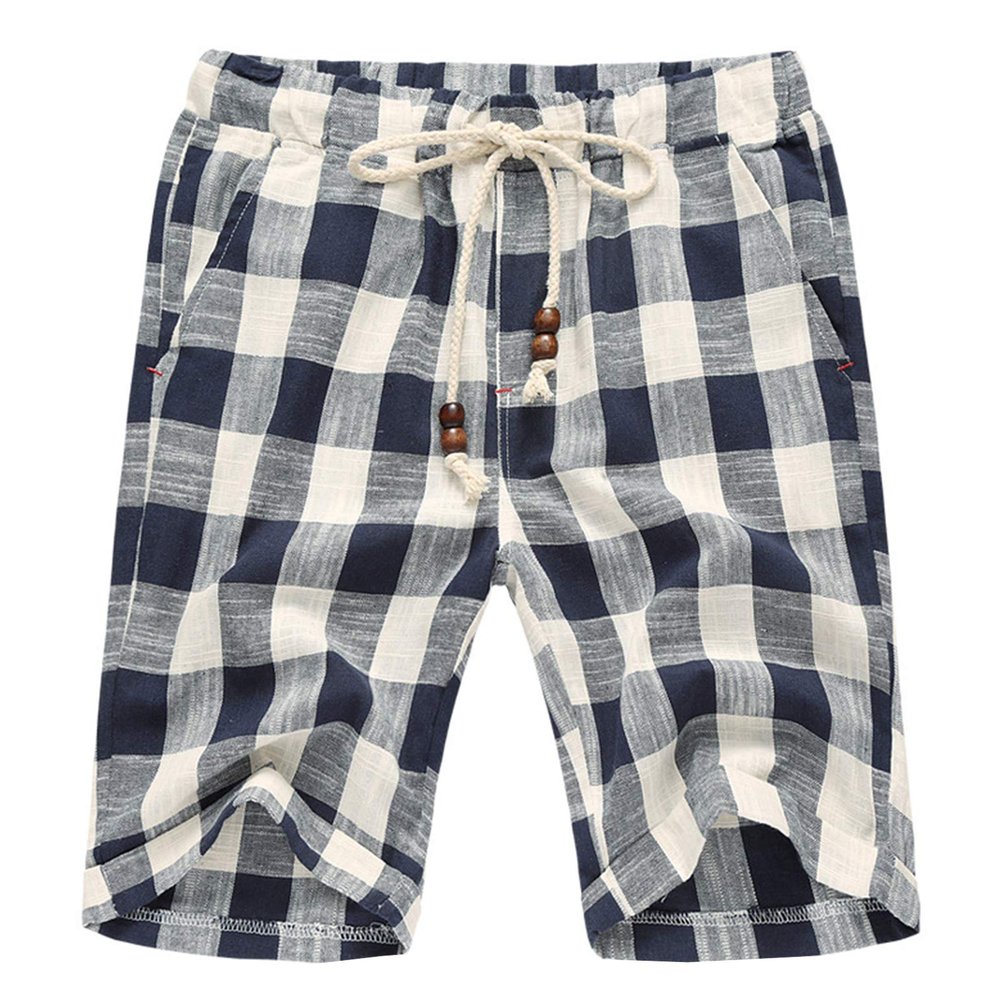 Flygo Men's Summer Casual Linen Drawstring Striped Beach Shorts (X-Small, Plaid Navy)