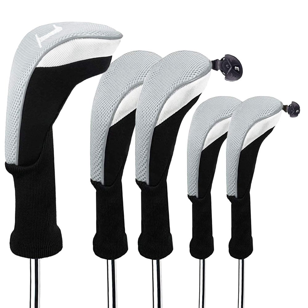 FINGER TEN Golf Club Head Covers Woods Driver Fairway Hybrid 3/4/5 Set, Headcovers Men 1 3 5 7 X Interchangeable Number Tag, Fit All Wood Clubs (Gray-1 Driver&2 Fairway&2 Hybrid)