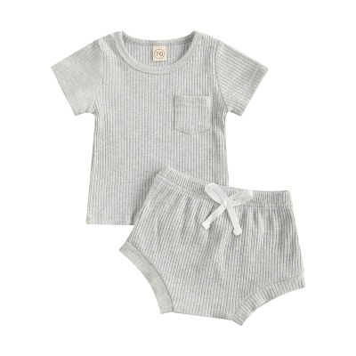 Newborn Baby Boy Girl Summer Clothes Ribbed Sleeveless Bodysuits Rompers Tops+Shorts Pants 2PCS Outfits Set Toddler Clothes (Grey D, 12-18 Months)