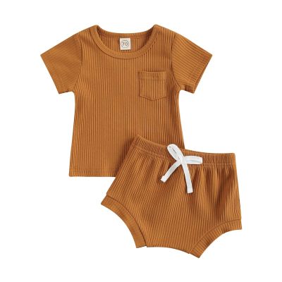 Newborn Baby Boy Girl Summer Clothes Ribbed Sleeveless Bodysuits Rompers Tops+Shorts Pants 2PCS Outfits Set Toddler Clothes (Brown D, 6-12 Months)