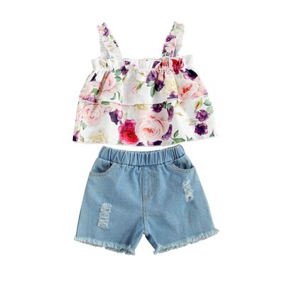 Baby Girl Shorts Set Crop Top Camisole Shirt&Ripped Jeans Shorts Toddler Summer Clothing Outfits (4-5T,Floral top+Jeans Shorts)