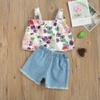 Baby Girl Shorts Set Crop Top Camisole Shirt&Ripped Jeans Shorts Toddler Summer Clothing Outfits (4-5T,Floral top+Jeans Shorts) view 2