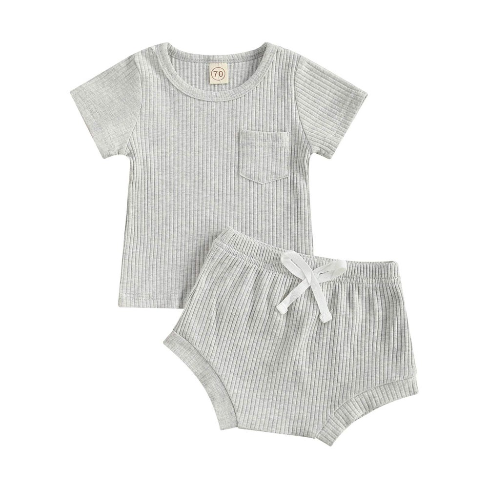 Newborn Baby Boy Girl Summer Clothes Ribbed Sleeveless Bodysuits Rompers Tops+Shorts Pants 2PCS Outfits Set Toddler Clothes (Grey D, 6-12 Months)