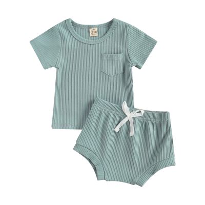 Newborn Baby Boy Girl Summer Clothes Ribbed Sleeveless Bodysuits Rompers Tops+Shorts Pants 2PCS Outfits Set Toddler Clothes (Light Blue D, 18-24 Months)