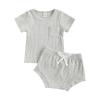Newborn Baby Boy Girl Summer Clothes Ribbed Sleeveless Bodysuits Rompers Tops+Shorts Pants 2PCS Outfits Set Toddler Clothes (Grey D, 18-24 Months) view 1