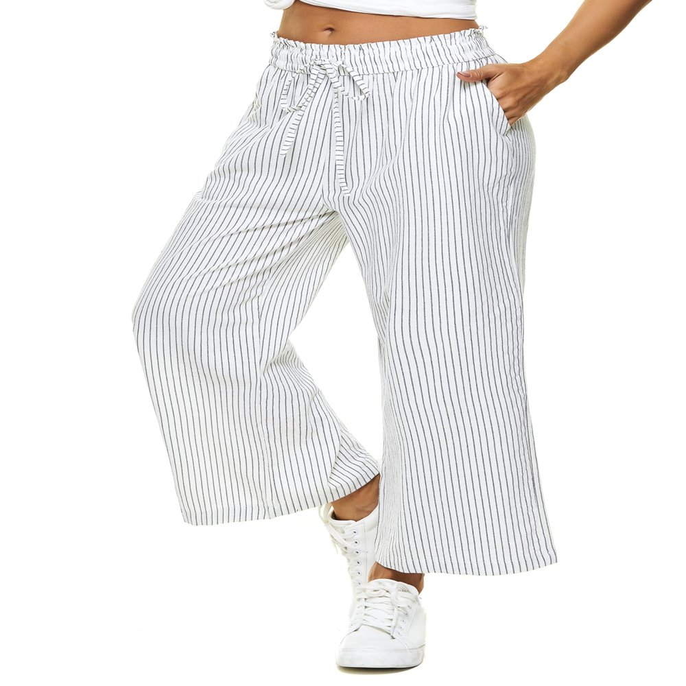 LNX Womens Linen Capri Pants Wide Leg High Waisted Drawstring Casual Cropped Pants with Pockets