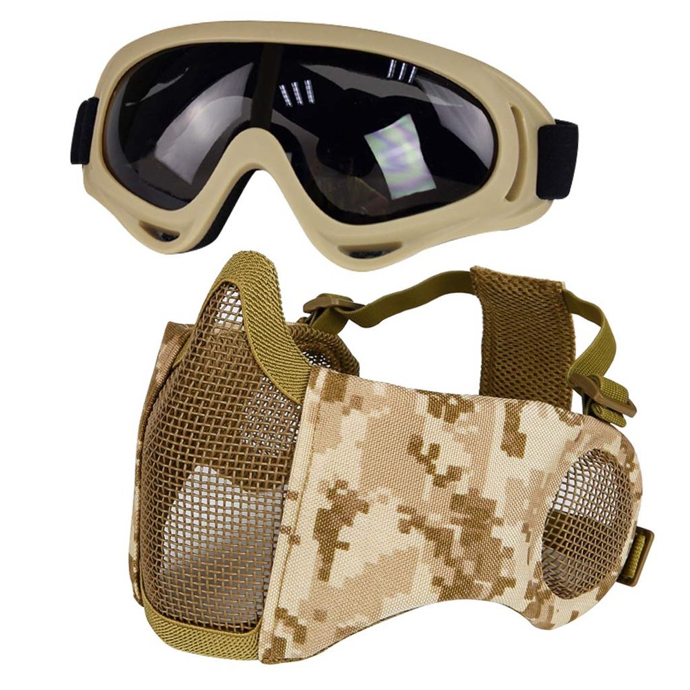 Yzpacc Airsoft Mask with Goggles, Foldable Half Face Airsoft Mesh Mask with Ear Protection for Paintball Shooting Cosplay CS Game
