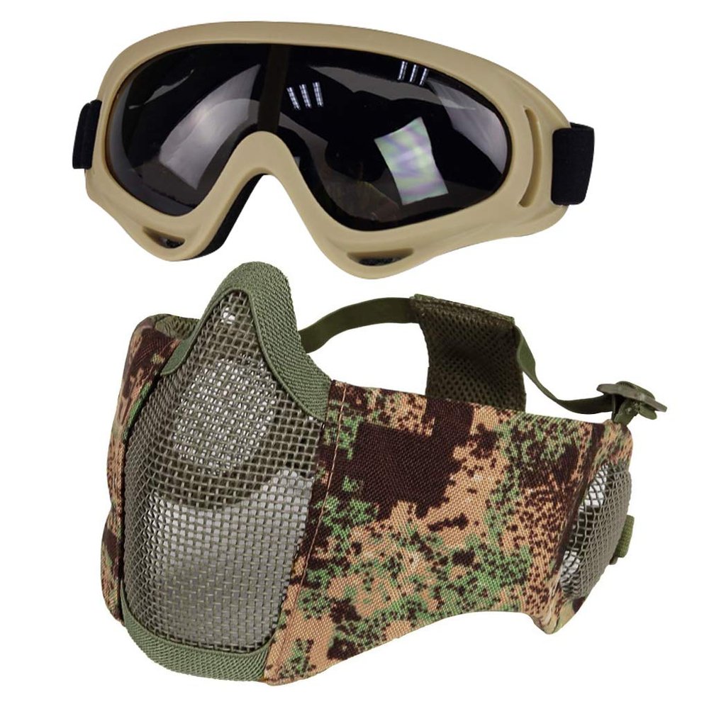 Airsoft Mask with Goggles, Foldable Half Face Airsoft Mesh Mask with Ear Protection for Paintball Shooting CS Game (PG)