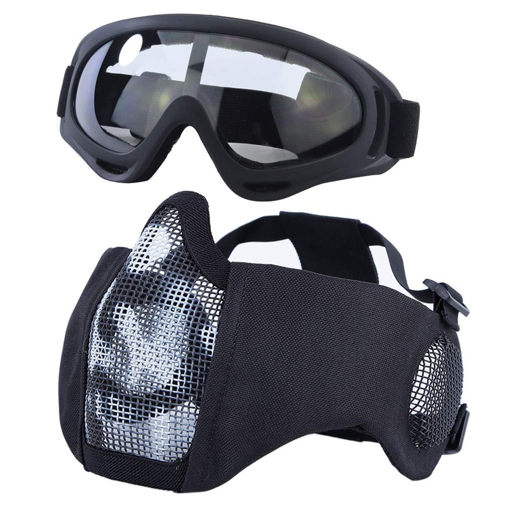 Yzpacc Airsoft Mask with Goggles, Foldable Half Face Airsoft Mesh Mask with Ear Protection for Paintball Shooting Cosplay CS Game