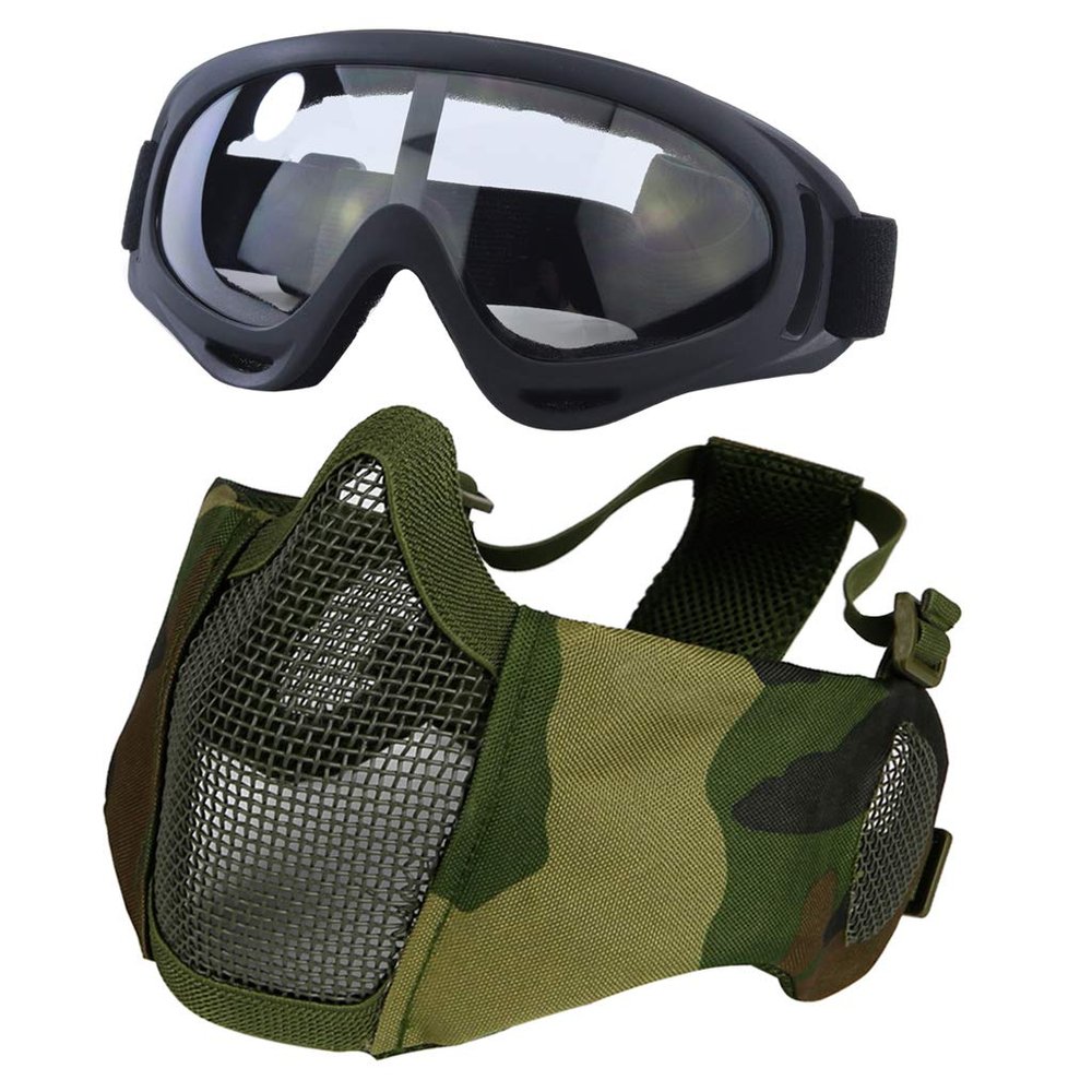 Yzpacc Airsoft Mask with Goggles, Foldable Half Face Airsoft Mesh Mask with Ear Protection for Paintball Shooting Cosplay CS Game