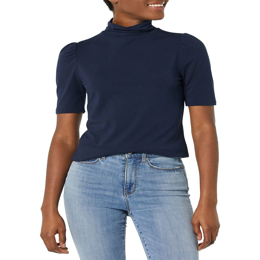 Amazon Essentials Women's Cotton Modal Draped Puff Sleeve Turtleneck, Navy, Small