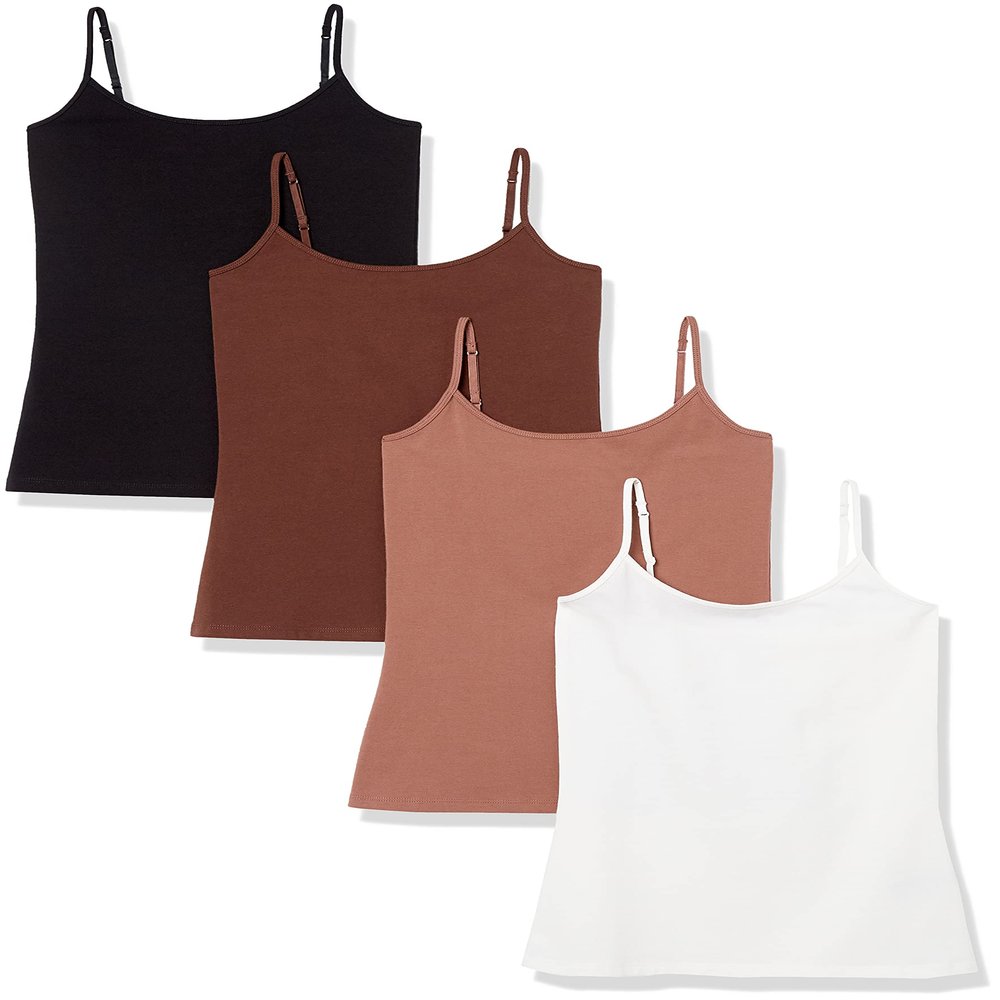 Amazon Essentials Women's Slim-Fit Camisole, Pack of 4, Black/Brown/Light Brown/White, Large